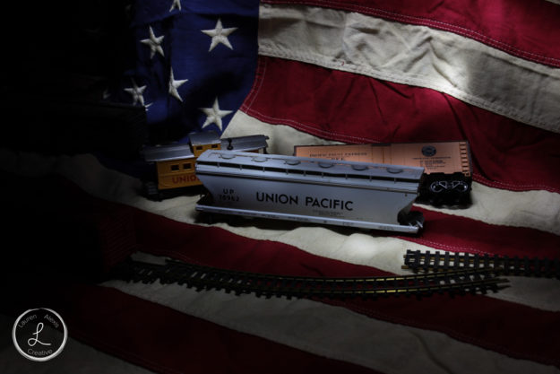 light paint, indoor light painting, table top light painting, train, american flag, union pacific