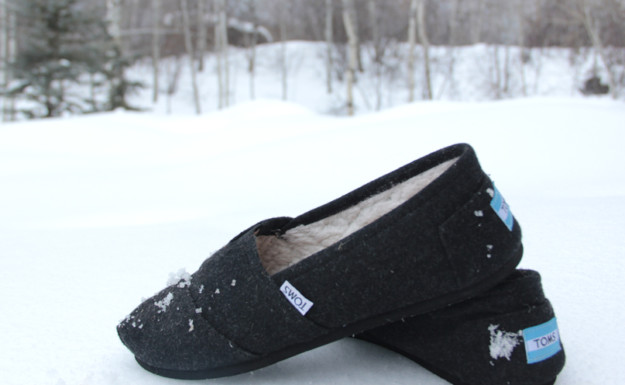 winter product photography, shoes in snow, winter toms, fur lined toms, toms, 