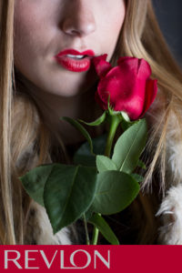 Womens fashion, womens makeup, womens lipstick, red lips, red lips with red rose, makeup with rose, fur coat, fur coat with rose, revlon lip stick