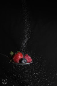 Stock Photography, Mixed Berries with Sugar, Frozen Motion, Pouring Sugar on fruit, Strawberry, Raspberry, Blueberry, Sugar, Spoonful of Fruit