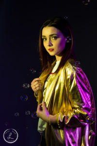 Womens fashion portrait, Womens portriat, Pink and yellow light, Golden jacket, bubble portriat